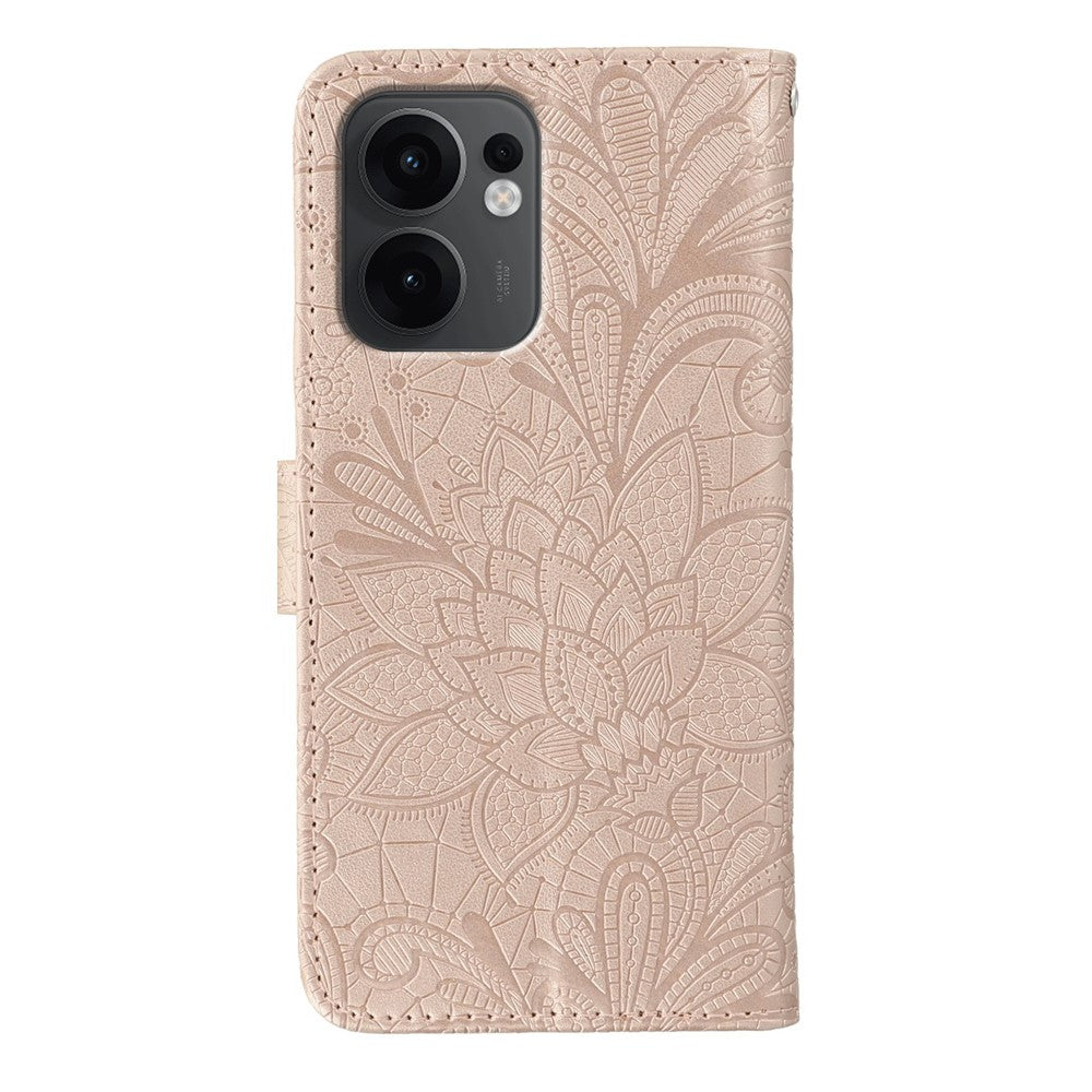 For Oppo Reno13 F 5G  /  4G Case Lace Flowers PU Leather Flip Wallet Phone Cover - Rose Gold