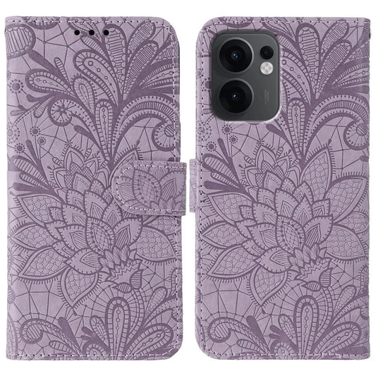 For Oppo Reno13 F 5G  /  4G Case Lace Flowers PU Leather Flip Wallet Phone Cover - Purple