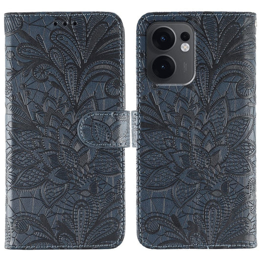 For Oppo Reno13 F 5G  /  4G Case Lace Flowers PU Leather Flip Wallet Phone Cover - Dark Blue