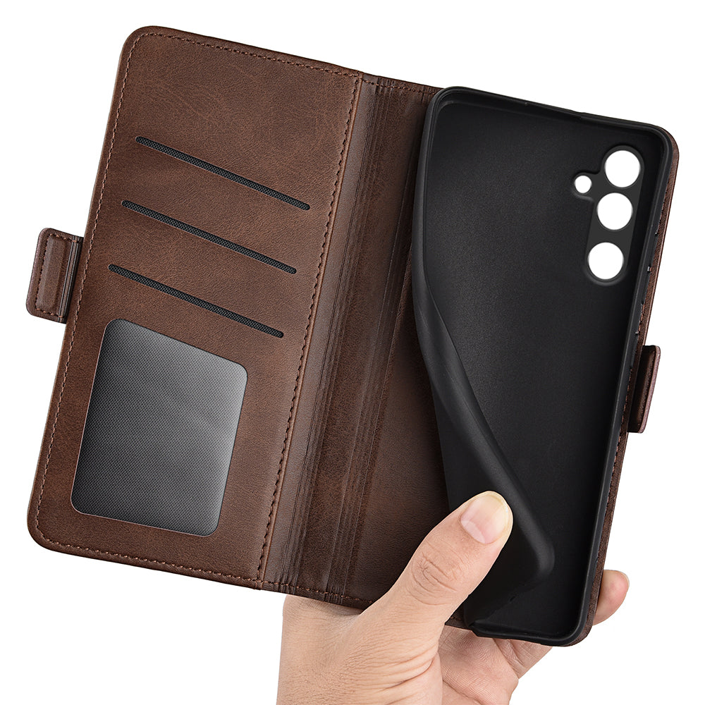 For Samsung Galaxy M16 5G Case Calf Texture Leather Wallet Phone Cover - Brown