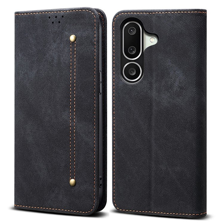 For Samsung Galaxy M56 5G Case Jeans Cloth Texture Anti-Scratch Leather Stand Phone Cover - Black