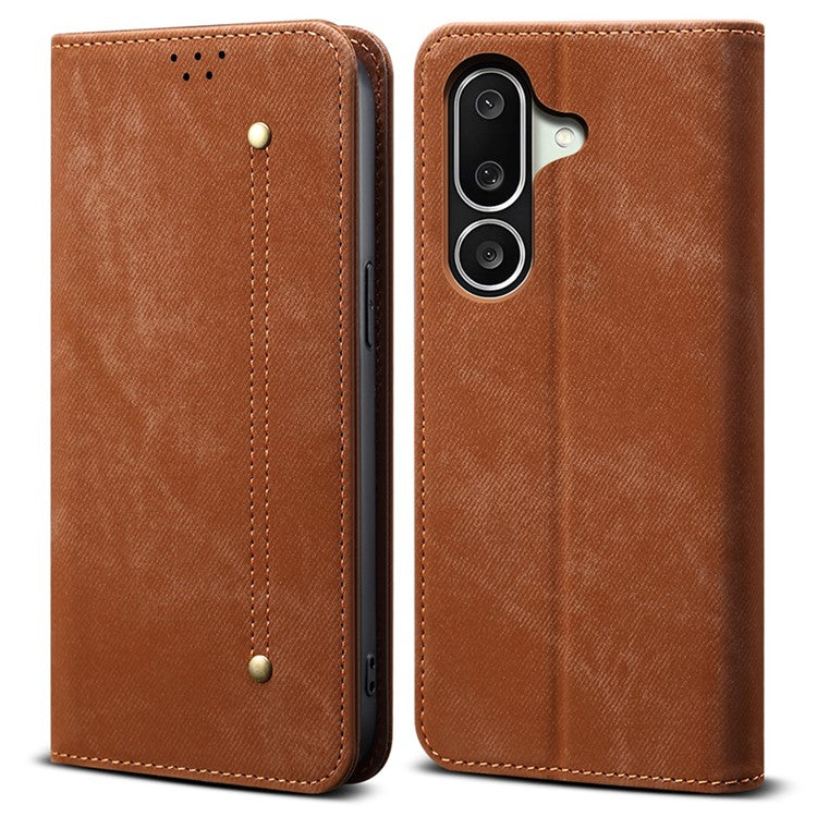 For Samsung Galaxy M56 5G Case Jeans Cloth Texture Anti-Scratch Leather Stand Phone Cover - Coffee
