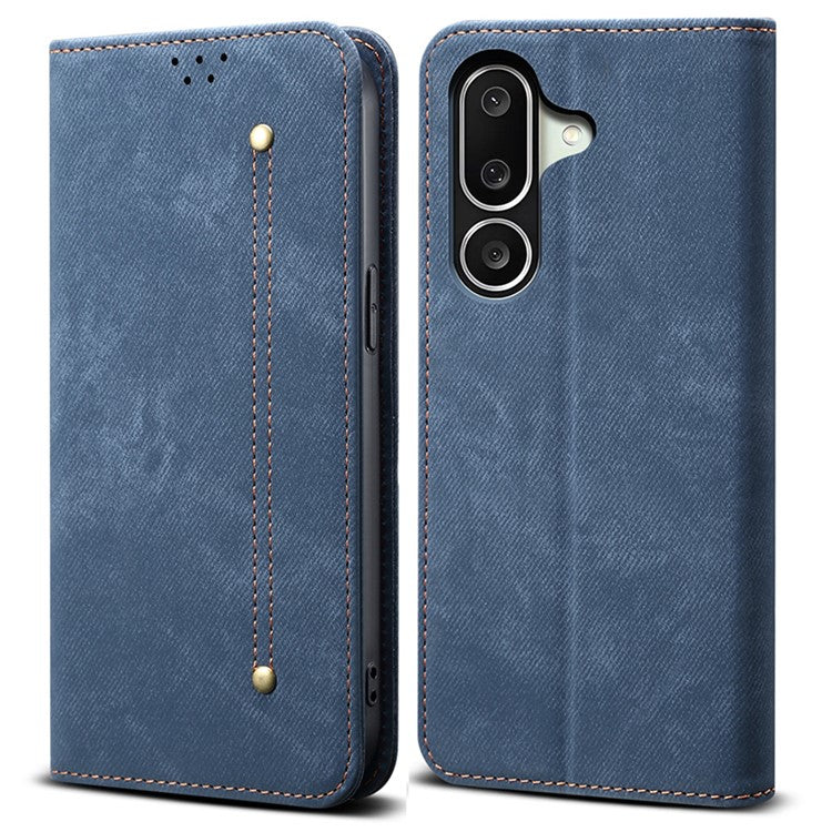 For Samsung Galaxy M56 5G Case Jeans Cloth Texture Anti-Scratch Leather Stand Phone Cover - Blue