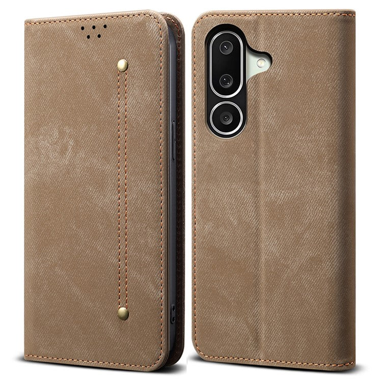 For Samsung Galaxy M56 5G Case Jeans Cloth Texture Anti-Scratch Leather Stand Phone Cover - Khaki