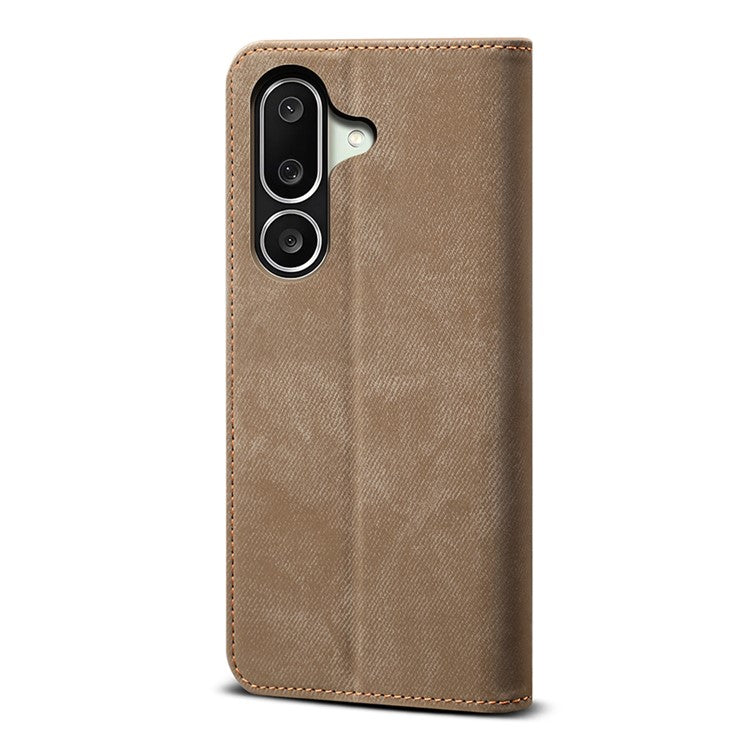 For Samsung Galaxy M56 5G Case Jeans Cloth Texture Anti-Scratch Leather Stand Phone Cover - Khaki