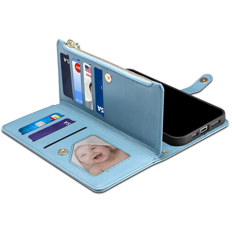 ESEBLE Galaxy Series For Samsung Galaxy M56 5G Case RFID Blocking Leather Zipper Phone Cover with Shoulder Strap + Wrist Strap - Blue