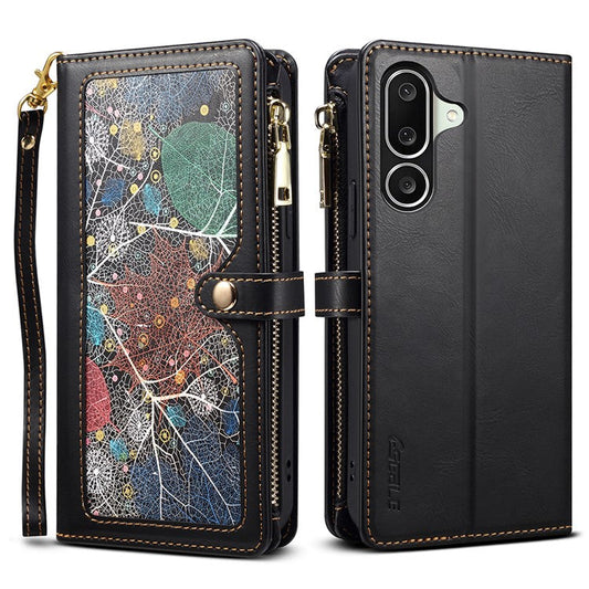 ESEBLE Galaxy Series For Samsung Galaxy M56 5G Case RFID Blocking Leather Zipper Phone Cover with Shoulder Strap + Wrist Strap - Black