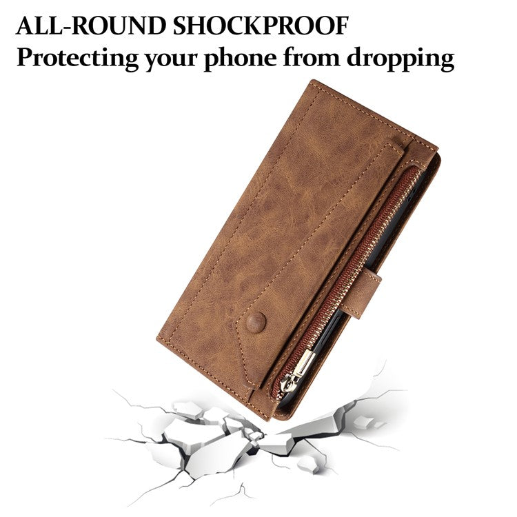 ESEBLE Star Series For Samsung Galaxy M56 5G Case Zipper Wallet Leather Stand Phone Cover with Wrist Strap - Brown