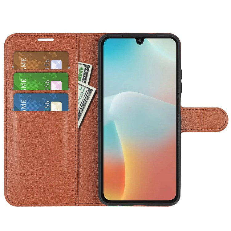 For Samsung Galaxy M16 5G Case Litchi Texture Shockproof Leather Wallet Phone Cover - Brown
