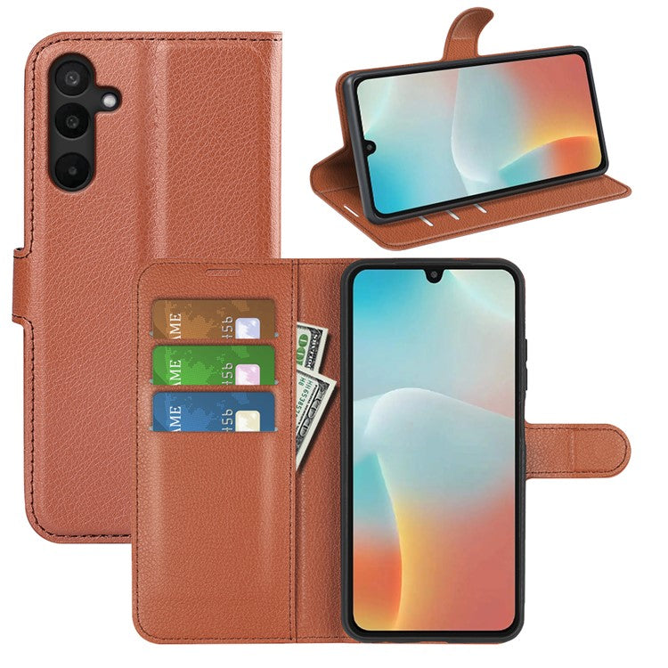 For Samsung Galaxy M16 5G Case Litchi Texture Shockproof Leather Wallet Phone Cover - Brown