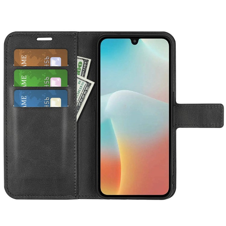 For Samsung Galaxy M16 5G Stand Case Anti-Scratch Calf Texture Leather Phone Cover - Black