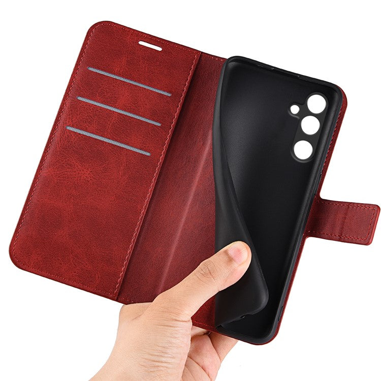 For Samsung Galaxy M16 5G Stand Case Anti-Scratch Calf Texture Leather Phone Cover - Red