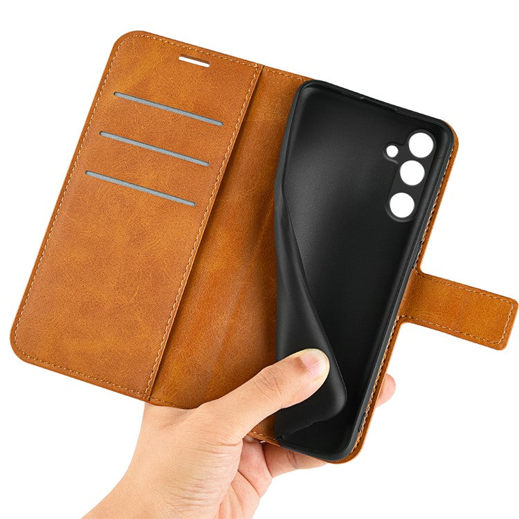 For Samsung Galaxy M16 5G Stand Case Anti-Scratch Calf Texture Leather Phone Cover - Yellow