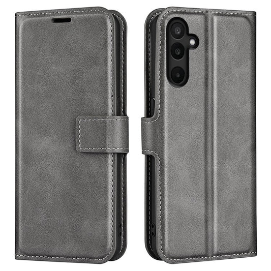 For Samsung Galaxy M16 5G Stand Case Anti-Scratch Calf Texture Leather Phone Cover - Grey
