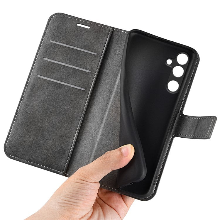 For Samsung Galaxy M16 5G Stand Case Anti-Scratch Calf Texture Leather Phone Cover - Grey