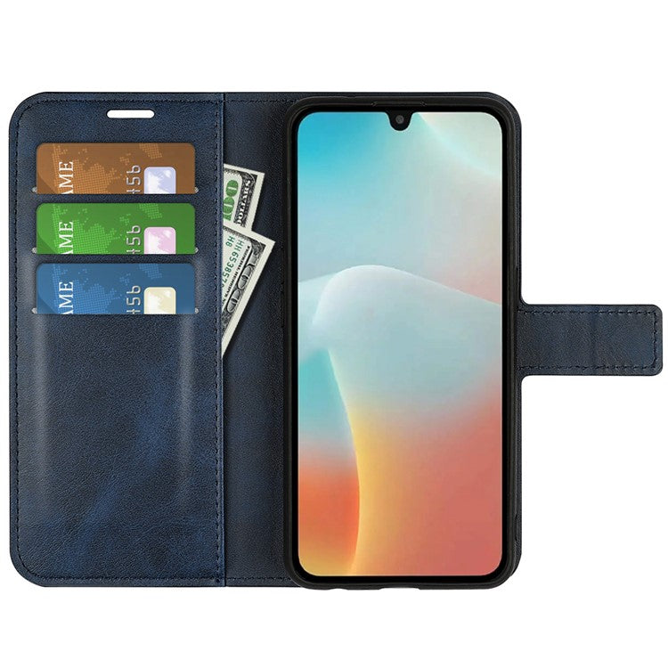 For Samsung Galaxy M16 5G Stand Case Anti-Scratch Calf Texture Leather Phone Cover - Blue