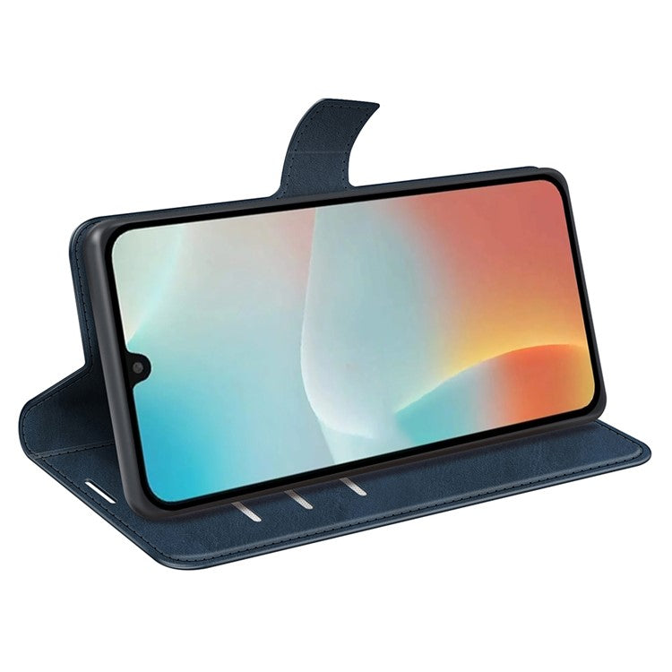 For Samsung Galaxy M16 5G Stand Case Anti-Scratch Calf Texture Leather Phone Cover - Blue