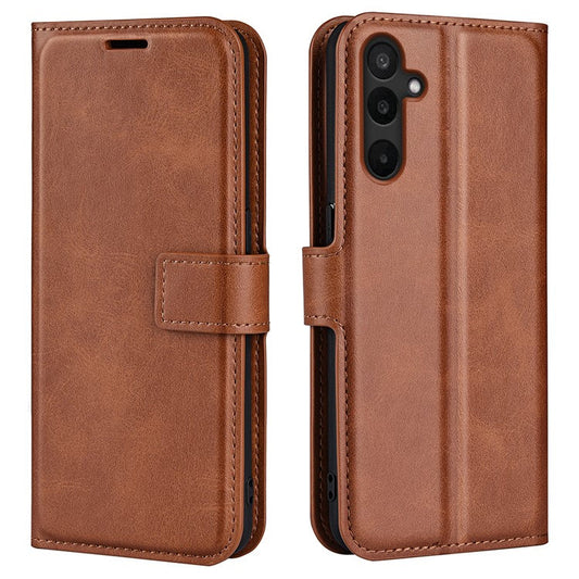 For Samsung Galaxy M16 5G Stand Case Anti-Scratch Calf Texture Leather Phone Cover - Light Brown