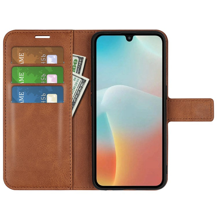 For Samsung Galaxy M16 5G Stand Case Anti-Scratch Calf Texture Leather Phone Cover - Light Brown