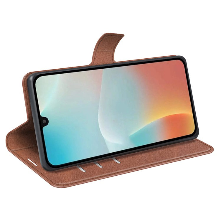 For Samsung Galaxy M16 5G Stand Case Anti-Scratch Calf Texture Leather Phone Cover - Light Brown