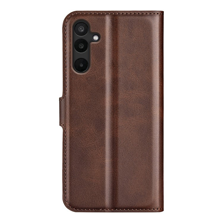 For Samsung Galaxy M16 5G Stand Case Anti-Scratch Calf Texture Leather Phone Cover - Brown