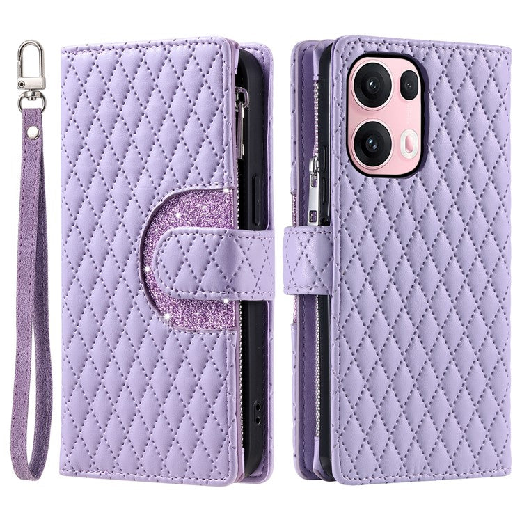 Style 012 for Oppo Reno13 Pro 5G Case Zipper Pocket Glitter Leather Phone Cover - Purple