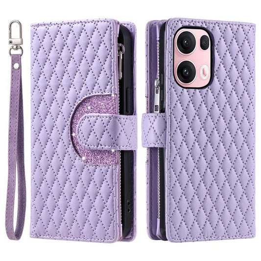 Style 012 for Oppo Reno13 Pro 5G Case Zipper Pocket Glitter Leather Phone Cover - Purple