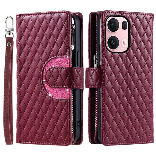 Style 012 for Oppo Reno13 Pro 5G Case Zipper Pocket Glitter Leather Phone Cover - Wine Red