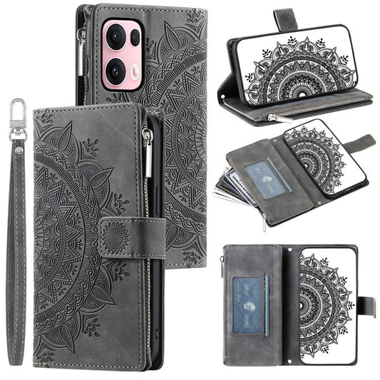 Style 006 For Oppo Reno13 Pro 5G Wallet Case PU Leather Phone Cover Mandala Flower Pattern - Grey