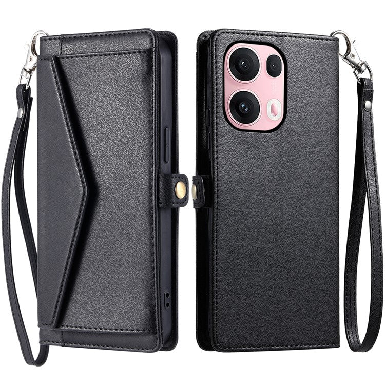 For Oppo Reno13 Pro 5G Leather Case with Wrist Strap Wallet Stand Phone Cover - Black