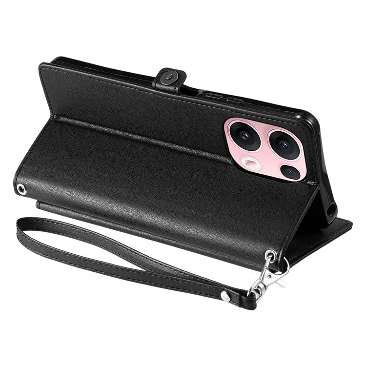 For Oppo Reno13 Pro 5G Leather Case with Wrist Strap Wallet Stand Phone Cover - Black