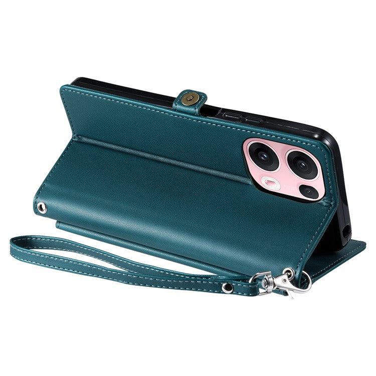 For Oppo Reno13 Pro 5G Leather Case with Wrist Strap Wallet Stand Phone Cover - Blackish Green