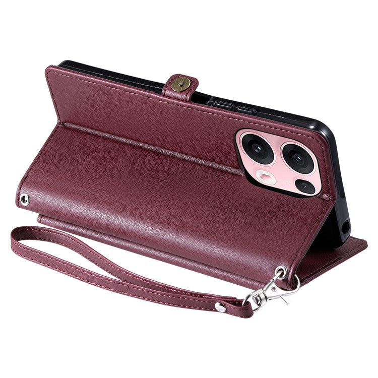 For Oppo Reno13 Pro 5G Leather Case with Wrist Strap Wallet Stand Phone Cover - Wine Red