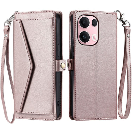 For Oppo Reno13 Pro 5G Leather Case with Wrist Strap Wallet Stand Phone Cover - Rose Gold