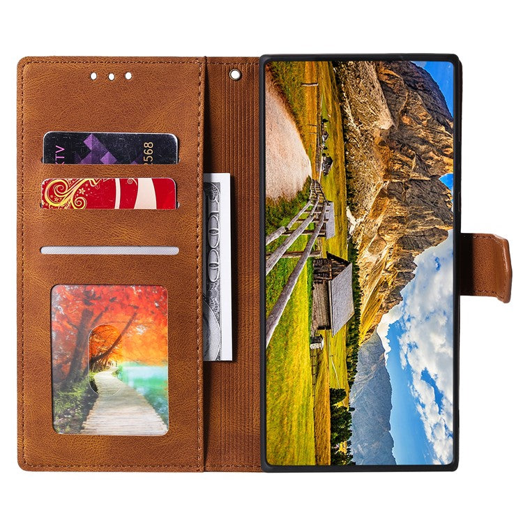 For Oppo Reno13 Pro 5G Leather Case Splicing Stitching Wallet Phone Cover with Wrist Strap - Brown