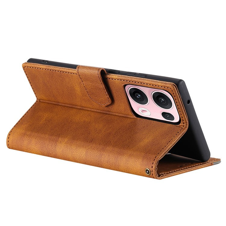 For Oppo Reno13 Pro 5G Leather Case Splicing Stitching Wallet Phone Cover with Wrist Strap - Brown