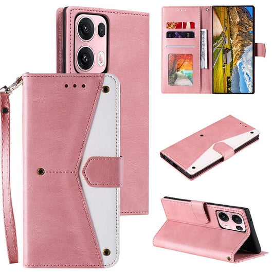 For Oppo Reno13 Pro 5G Leather Case Splicing Stitching Wallet Phone Cover with Wrist Strap - Rose Gold