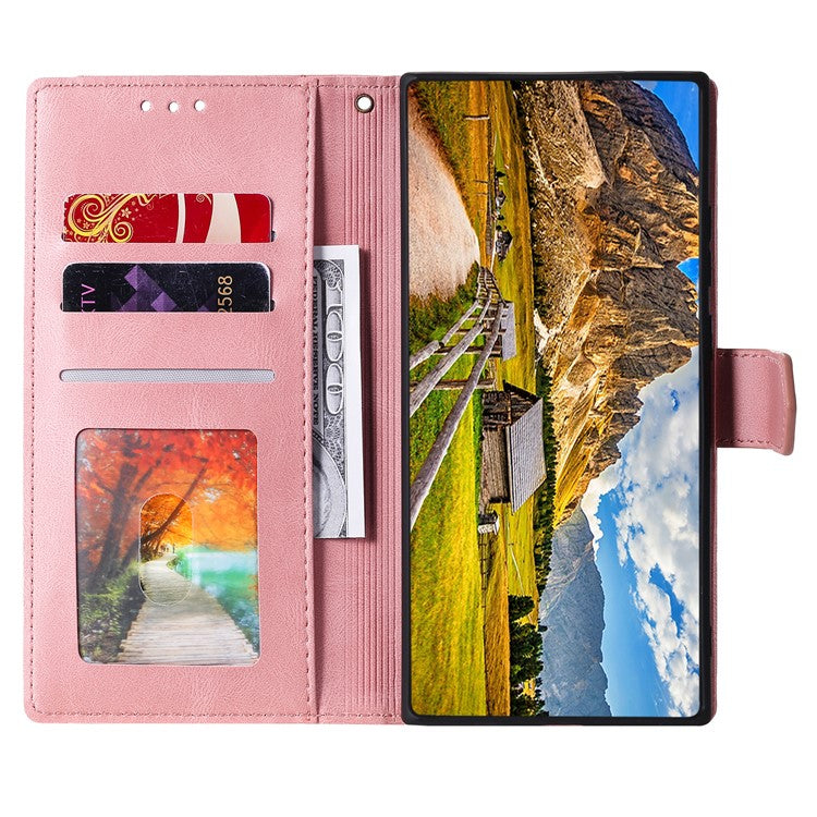 For Oppo Reno13 Pro 5G Leather Case Splicing Stitching Wallet Phone Cover with Wrist Strap - Rose Gold