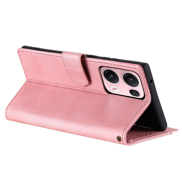 For Oppo Reno13 Pro 5G Leather Case Splicing Stitching Wallet Phone Cover with Wrist Strap - Rose Gold