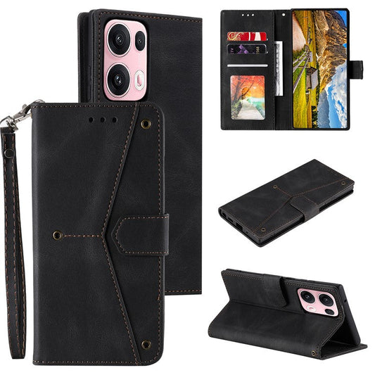 For Oppo Reno13 Pro 5G Leather Case Splicing Stitching Wallet Phone Cover with Wrist Strap - Black