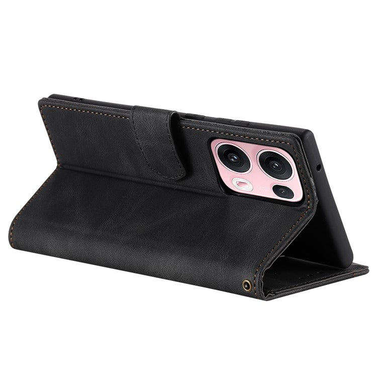 For Oppo Reno13 Pro 5G Leather Case Splicing Stitching Wallet Phone Cover with Wrist Strap - Black