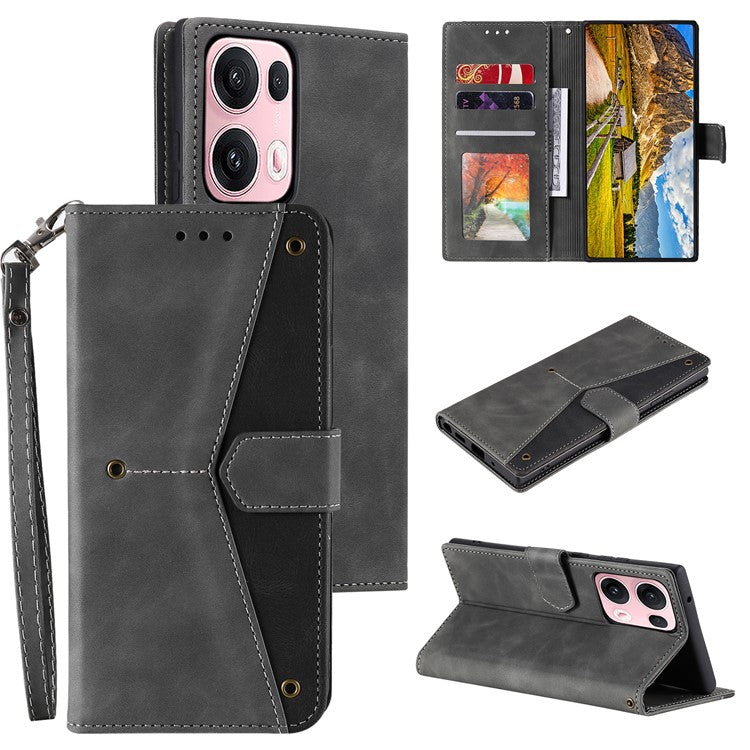 For Oppo Reno13 Pro 5G Leather Case Splicing Stitching Wallet Phone Cover with Wrist Strap - Grey