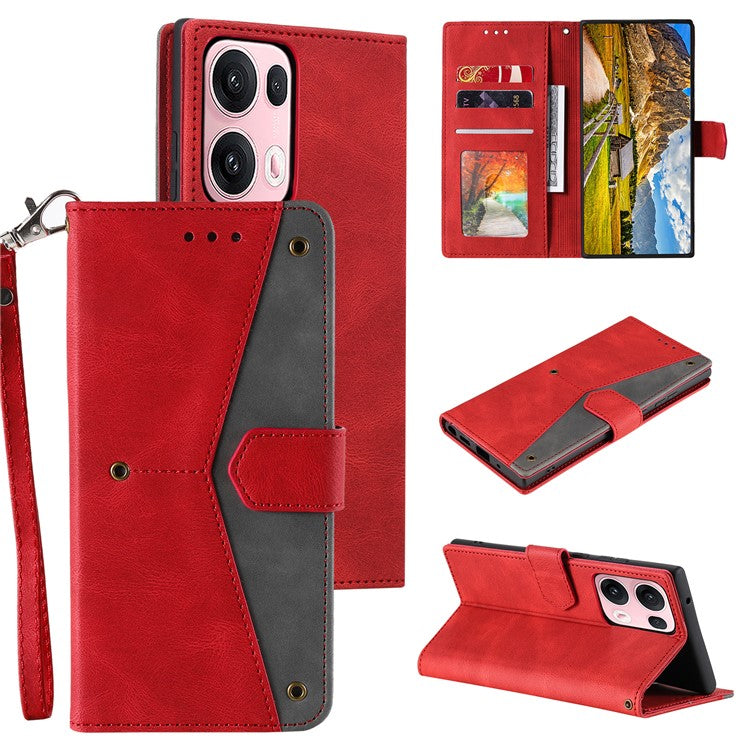 For Oppo Reno13 Pro 5G Leather Case Splicing Stitching Wallet Phone Cover with Wrist Strap - Red