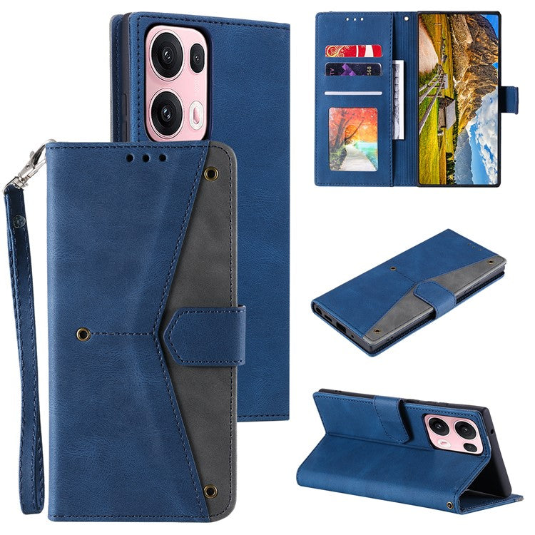 For Oppo Reno13 Pro 5G Leather Case Splicing Stitching Wallet Phone Cover with Wrist Strap - Blue