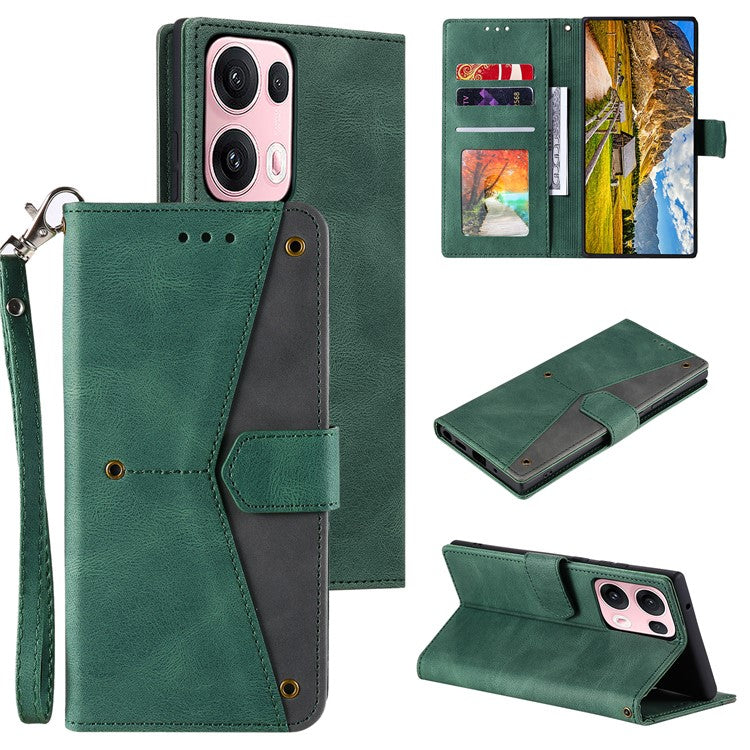 For Oppo Reno13 Pro 5G Leather Case Splicing Stitching Wallet Phone Cover with Wrist Strap - Green