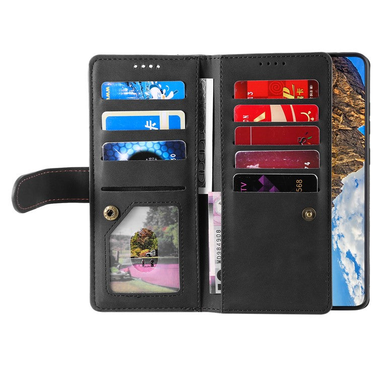 For Oppo Reno13 Pro 5G Case PU Leather Phone Cover with Zipper Wallet 9 Card Slots - Black