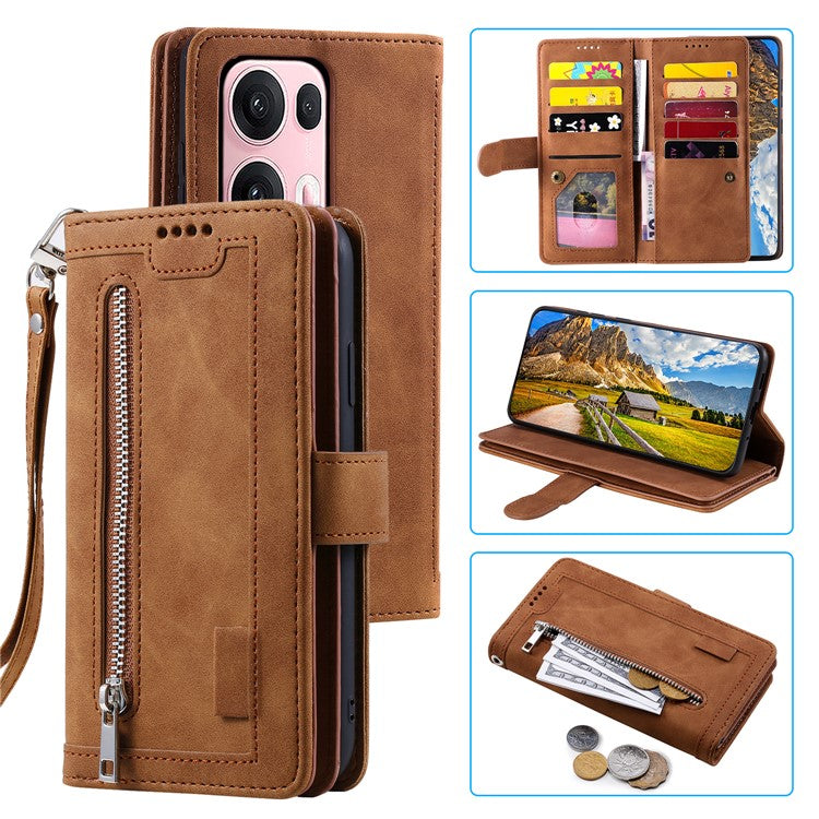 For Oppo Reno13 Pro 5G Case PU Leather Phone Cover with Zipper Wallet 9 Card Slots - Brown
