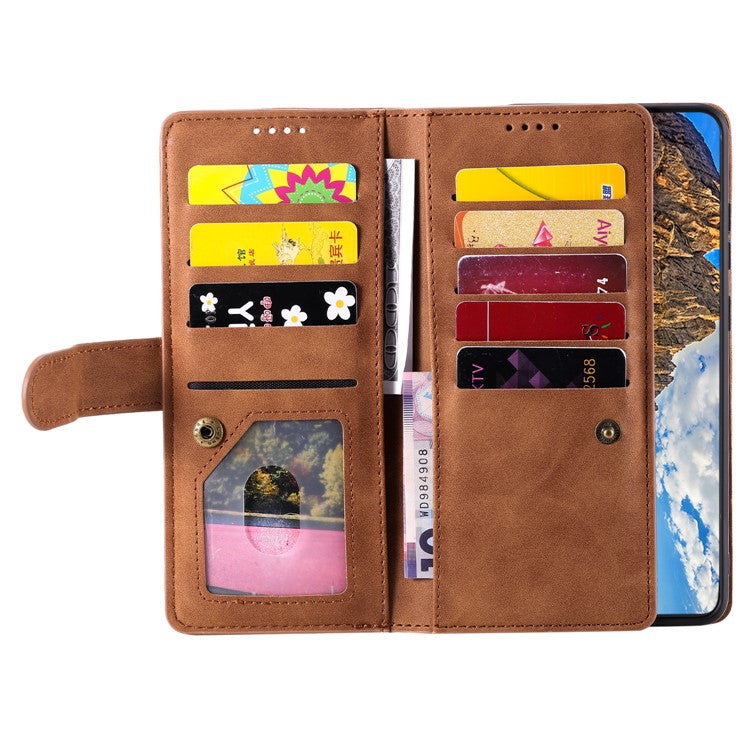 For Oppo Reno13 Pro 5G Case PU Leather Phone Cover with Zipper Wallet 9 Card Slots - Brown