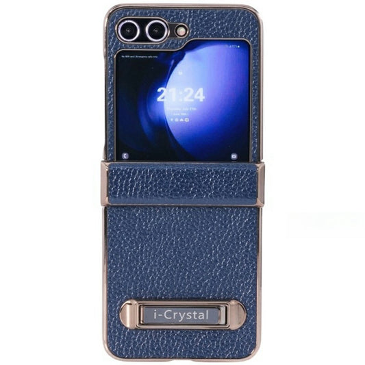 For Samsung Galaxy Z Flip7 FE 5G / Z Flip6 5G Case Electroplated Leather + PC Phone Cover with Invisible Kickstand - Blue