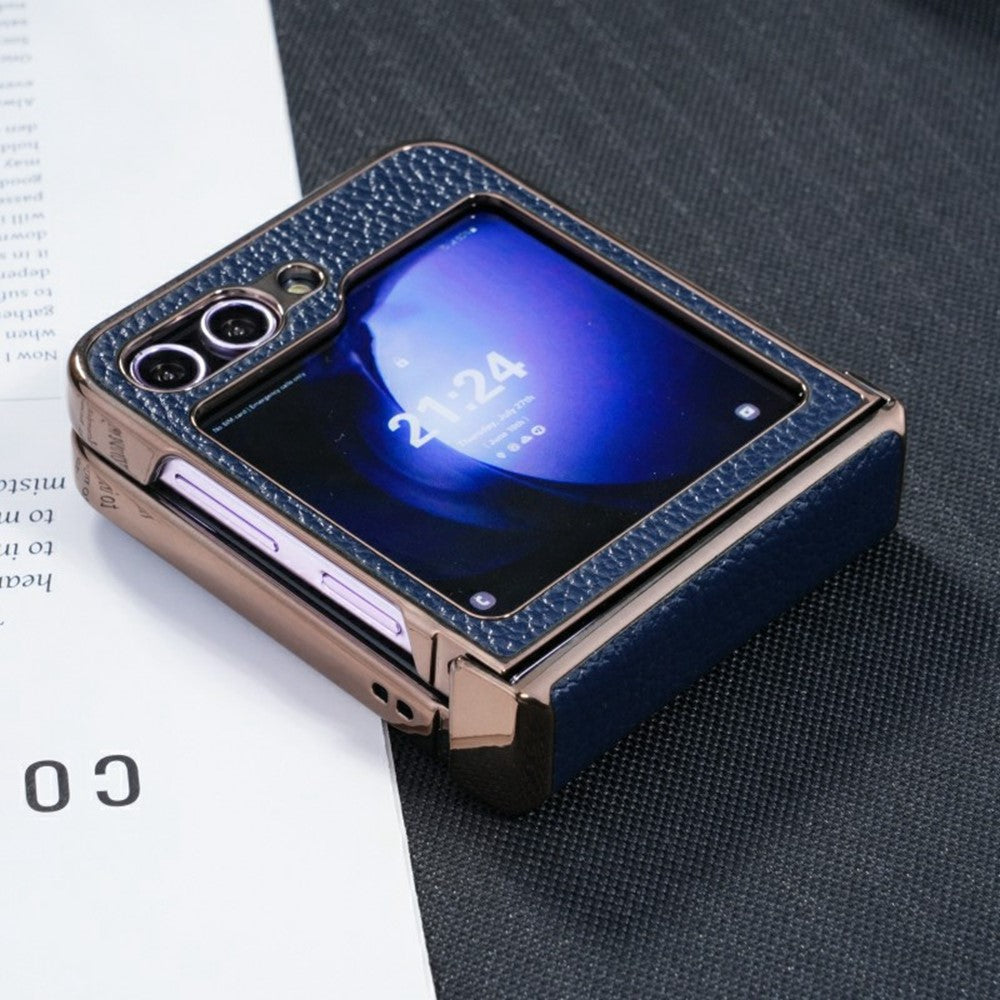 For Samsung Galaxy Z Flip7 FE 5G / Z Flip6 5G Case Electroplated Leather + PC Phone Cover with Invisible Kickstand - Black